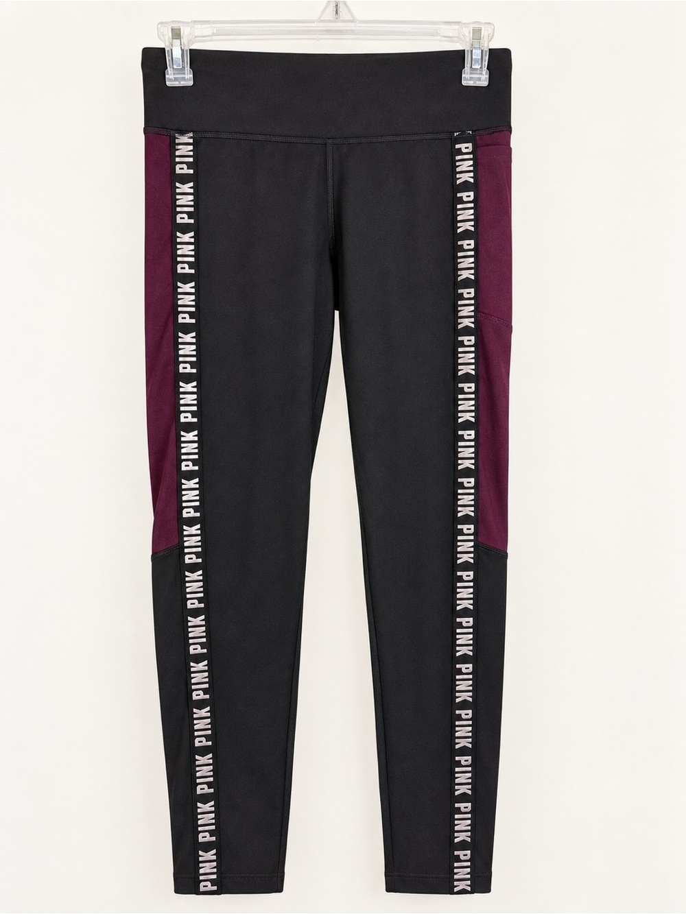 PINK Victoria's Secret Black Leggings with Plum Side Panels and Branded Tape
